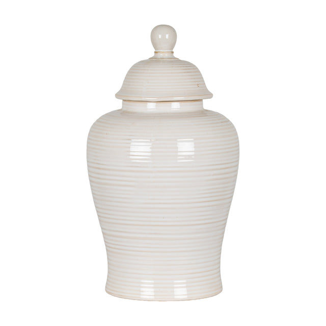 Hill Interiors Lidded Ceramic Ginger Jar in white with a ribbed glazed finish, rounded body and domed lid with round finial, on a plain background.