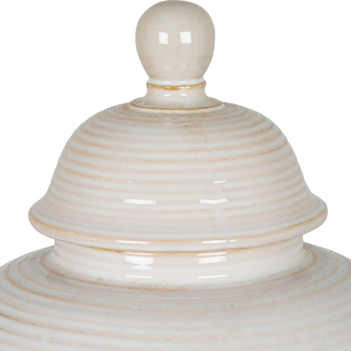 Close-up of the domed lid and rounded finial on the Hill Interiors Lidded Ceramic Ginger Jar in white with a subtly ribbed glazed finish.