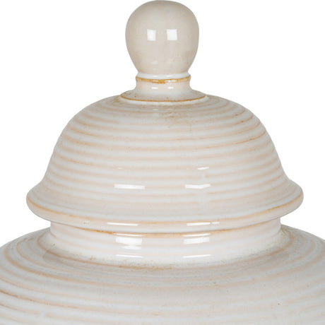 Close-up of the domed lid and rounded finial on the Hill Interiors Lidded Ceramic Ginger Jar in white with a subtly ribbed glazed finish.