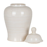 Hill Interiors Lidded Ceramic Ginger Jar in white with ribbed glazed body and domed lid set beside it on a plain white background.