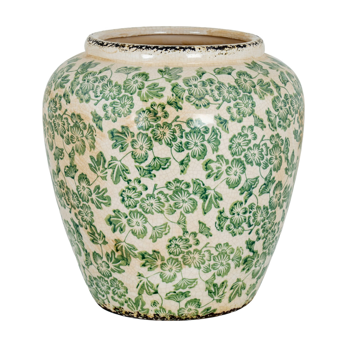 Hill Interiors Large Bulbous Ceramic Vase with a rounded body, narrow neck and crackled cream glaze covered in green floral and leaf patterns.