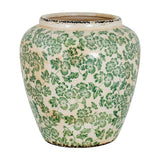 Hill Interiors Large Bulbous Ceramic Vase with a rounded body, narrow neck and crackled cream glaze covered in green floral and leaf patterns.