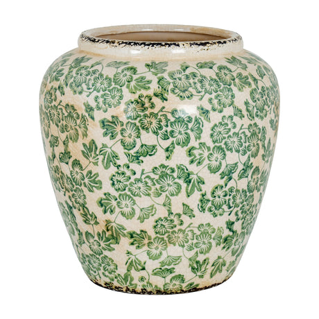 Hill Interiors Large Bulbous Ceramic Vase with a rounded body, narrow neck and crackled cream glaze covered in green floral and leaf patterns.