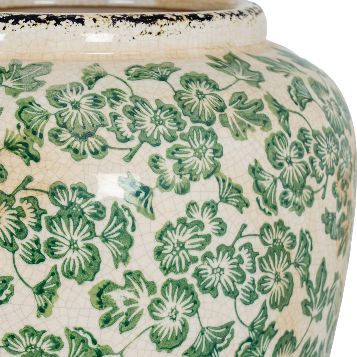 Close-up of Hill Interiors Large Bulbous Ceramic Vase showing crackled cream glaze with green floral and leaf pattern around the rounded body and rim.