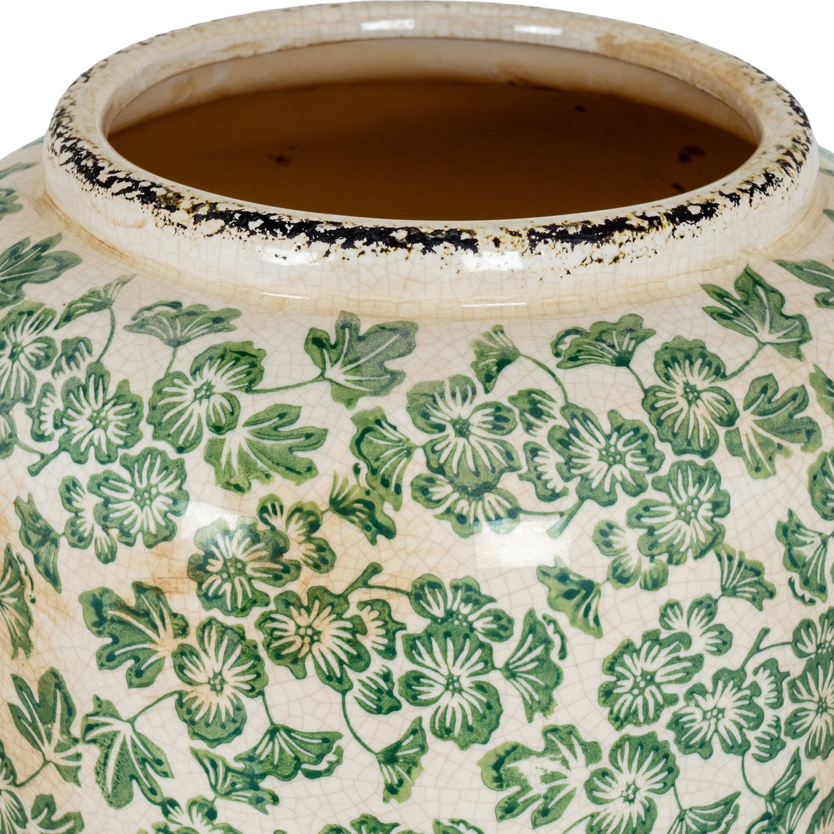 Hill Interiors large bulbous ceramic vase with a cream crackle glaze, distressed dark rim and allover green floral and leaf pattern, shown close-up.
