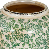 Hill Interiors large bulbous ceramic vase with a cream crackle glaze, distressed dark rim and allover green floral and leaf pattern, shown close-up.