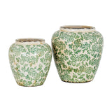 Hill Interiors Large Bulbous Ceramic Vases in two sizes, with rounded bodies, narrow necks and a crackled cream glaze covered in green floral patterning.