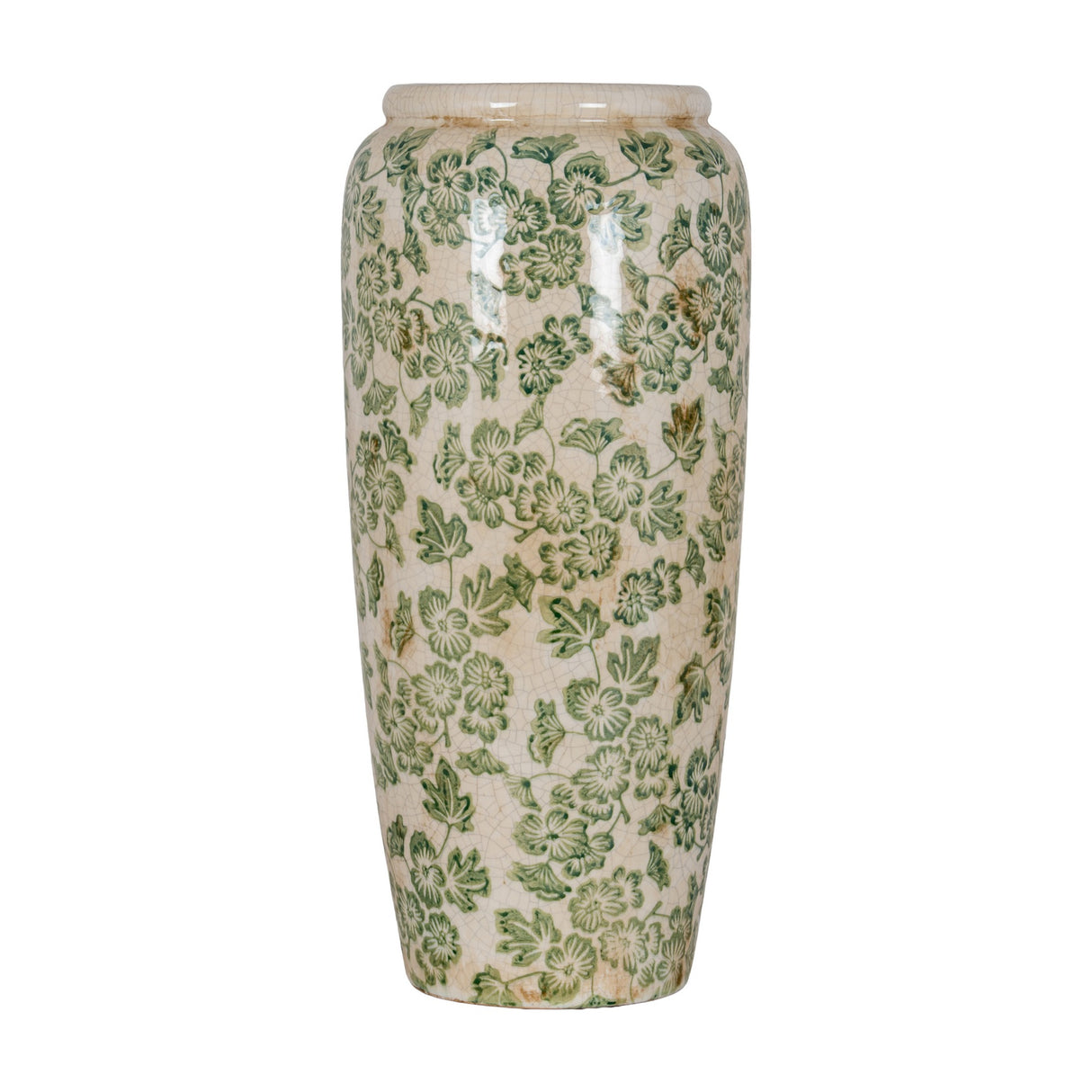 Hill Interiors Large Tall Ceramic Clover Olpe Vase in cream with green floral and leaf pattern and crackle glaze finish, on a plain white background.
