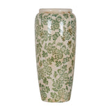Hill Interiors Large Tall Ceramic Clover Olpe Vase in cream with green floral and leaf pattern and crackle glaze finish, on a plain white background.