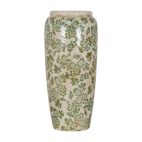 Hill Interiors Large Tall Ceramic Clover Olpe Vase in cream with green floral and leaf pattern and crackle glaze finish, on a plain white background.