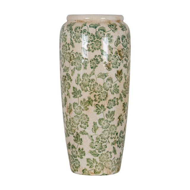 Hill Interiors Large Tall Ceramic Clover Olpe Vase in cream with green floral and leaf pattern and crackle glaze finish, on a plain white background.
