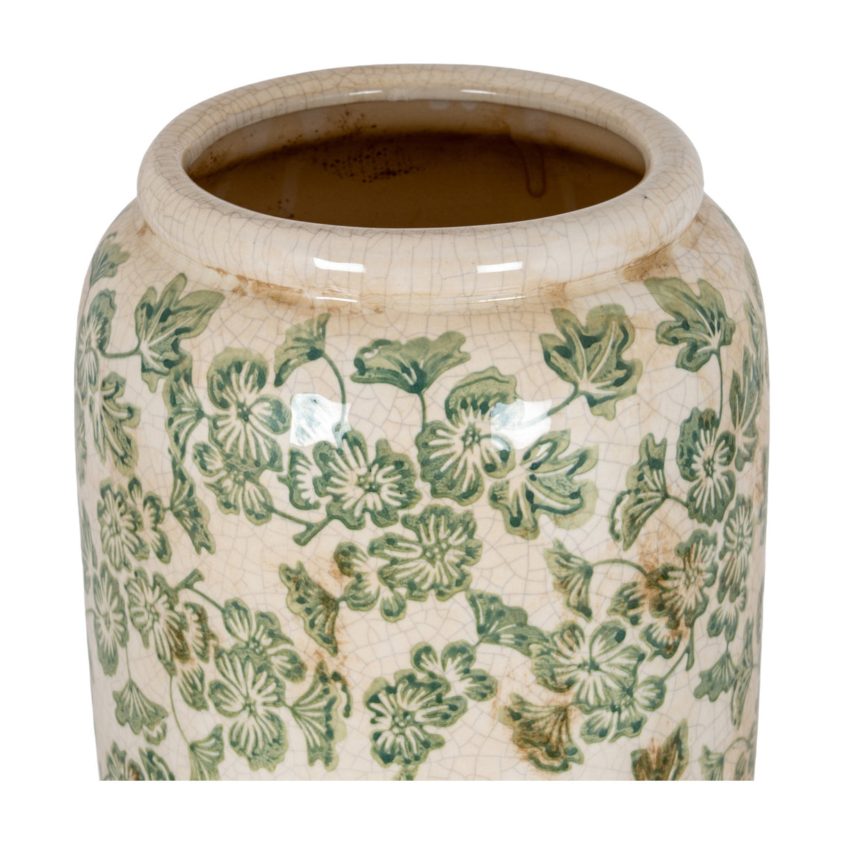 Hill Interiors Large Tall Ceramic Clover Olpe Vase in cream with green floral and clover patterning, shown close-up on a plain white background.