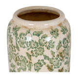 Hill Interiors Large Tall Ceramic Clover Olpe Vase in cream with green floral and clover patterning, shown close-up on a plain white background.