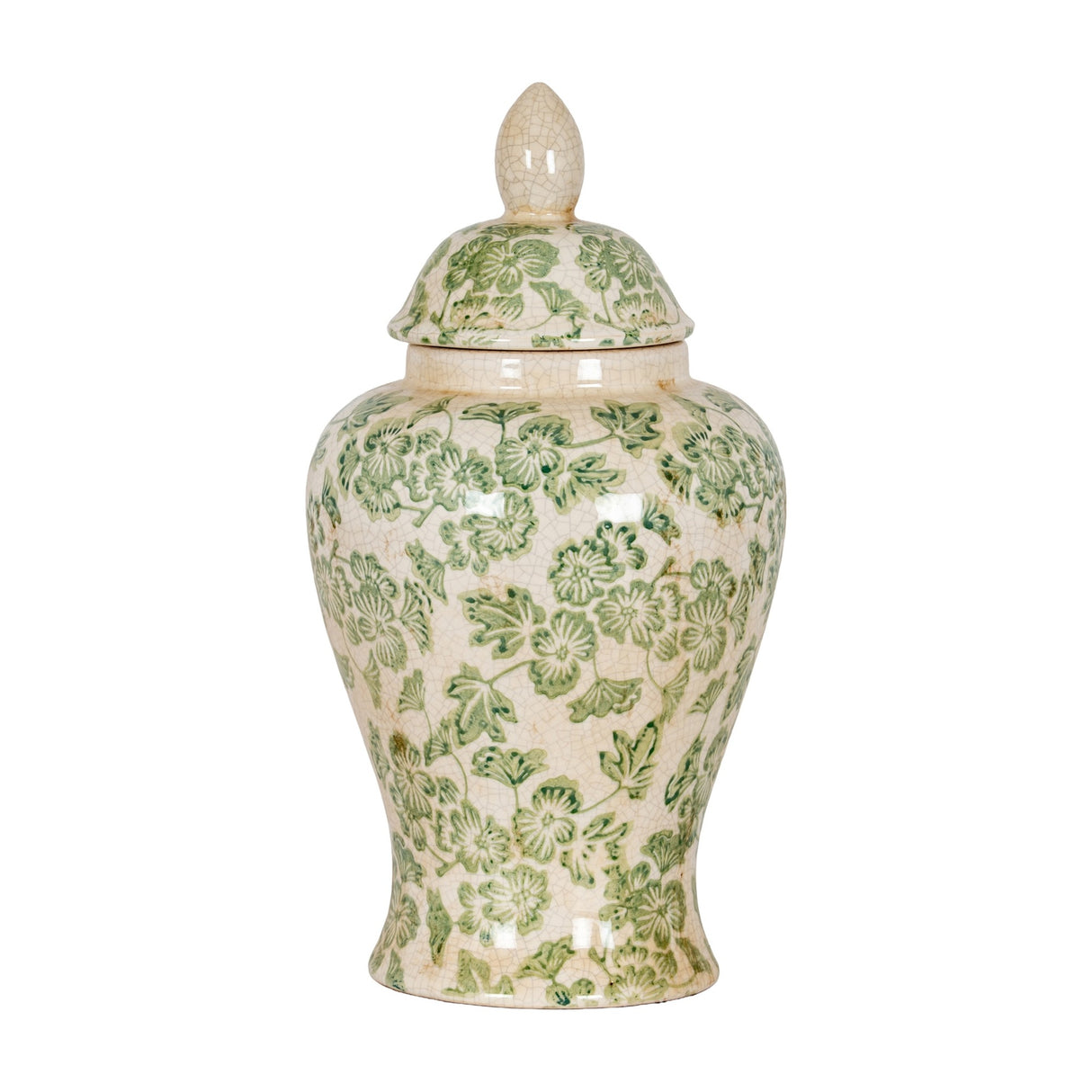 Hill Interiors ceramic ginger jar in cream with green clover motif and domed lid, shown against a plain white background.