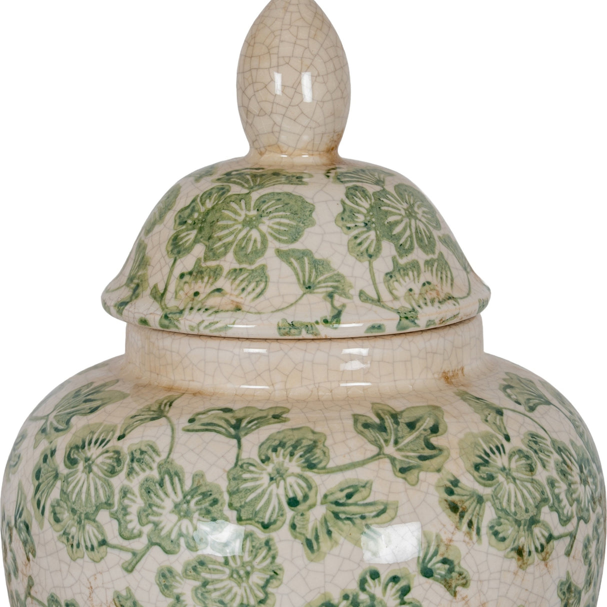 Hill Interiors ceramic ginger jar in cream crackle glaze with green clover motif and domed lid with pointed finial, shown against a white background.