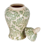 Hill Interiors ceramic ginger jar with green clover motif on a crackle-glazed white body, domed lid resting alongside, shown on a plain background.