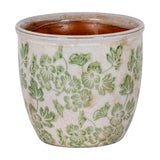 Hill Interiors Small Ceramic Clover Planter in white glazed ceramic with green floral and leaf pattern and terracotta interior, on a plain background.