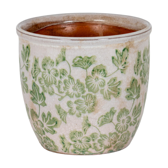 Hill Interiors Small Ceramic Clover Planter in white glazed ceramic with green floral and leaf pattern and terracotta interior, on a plain background.