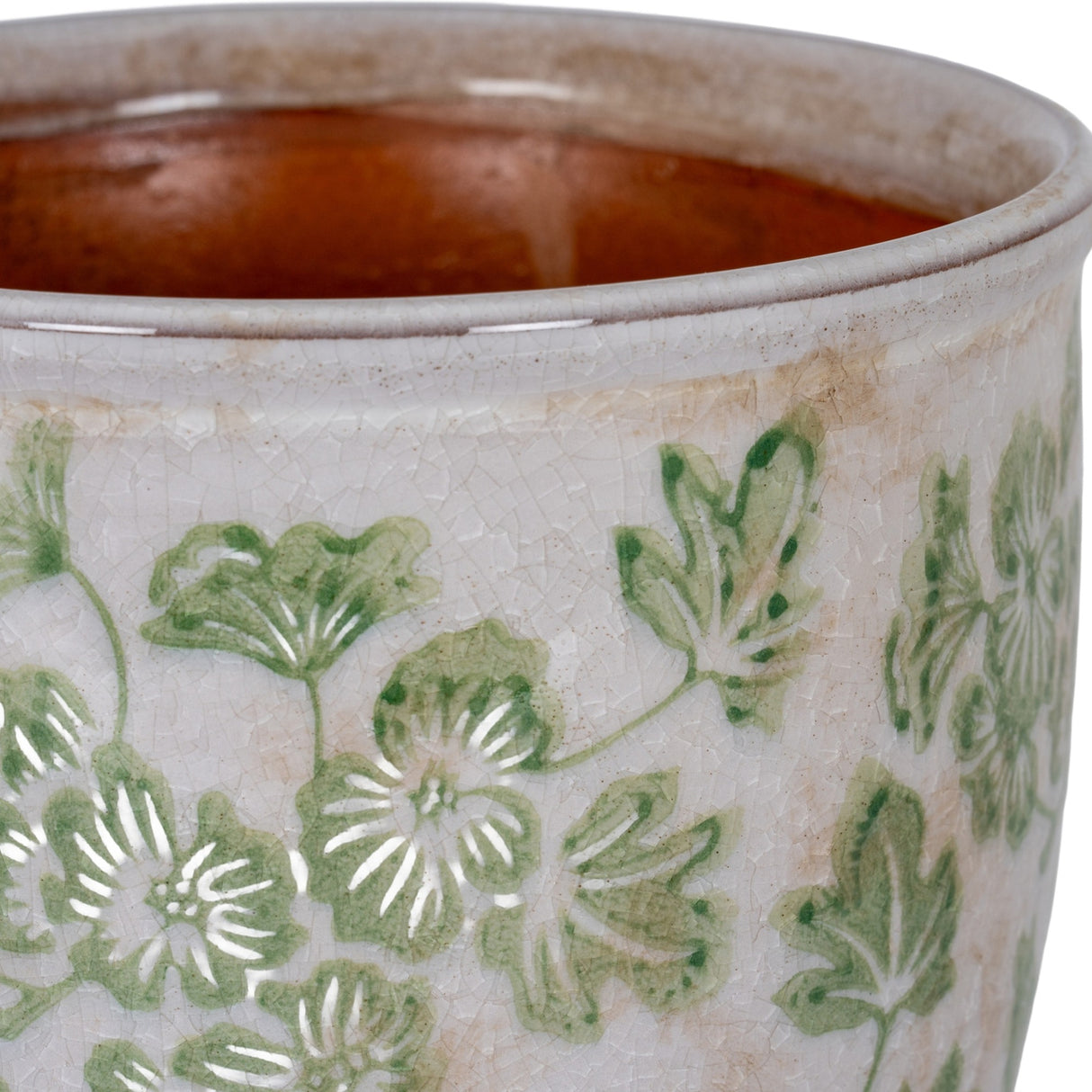 Hill Interiors Small Ceramic Clover Planter in white with green floral pattern and crackle glaze, showing terracotta interior.