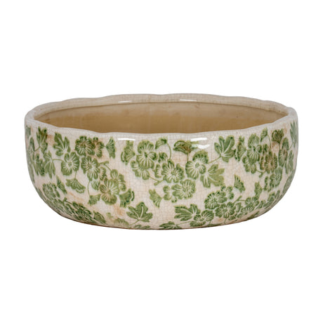 Hill Interiors small ceramic decorative bowl with scalloped rim and green floral leaf pattern over a cream crackle glaze, shown on a plain white background.