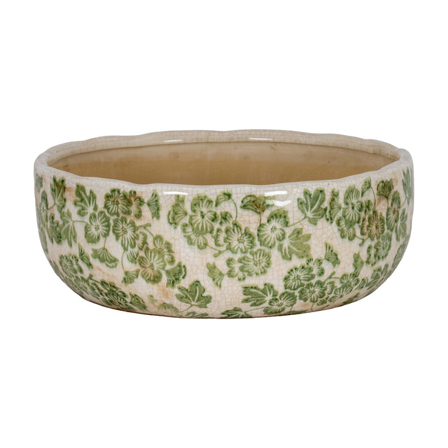Hill Interiors small ceramic decorative bowl with scalloped rim and green floral leaf pattern over a cream crackle glaze, shown on a plain white background.