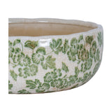 Hill Interiors small clover-shaped ceramic bowl with crackle-glazed white finish and green floral and leaf pattern around the exterior.