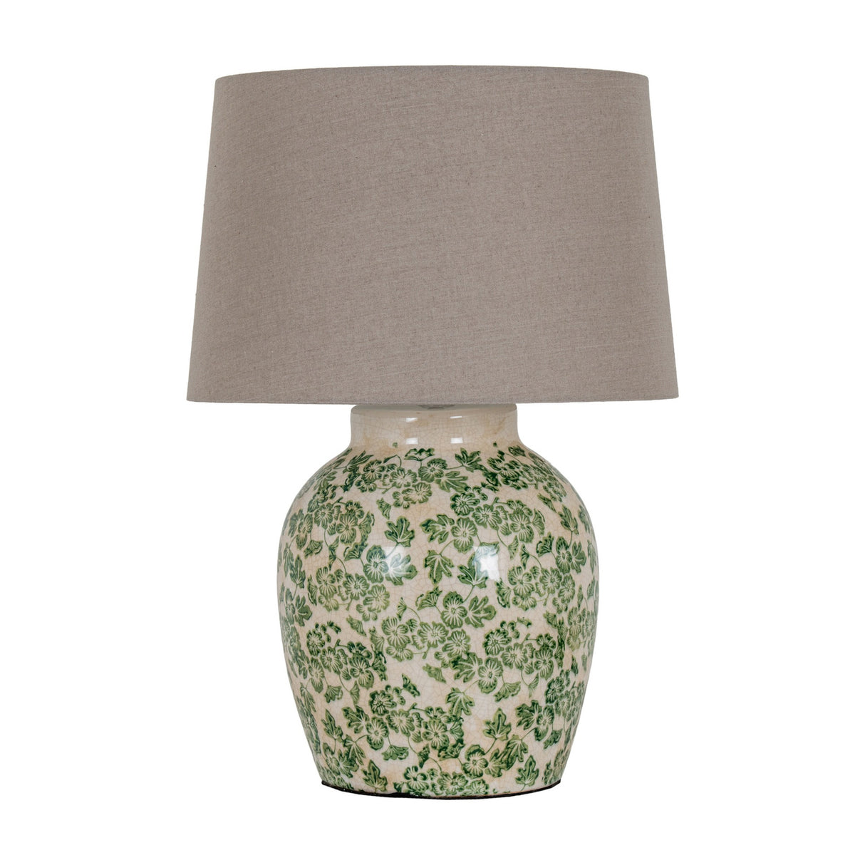Hill Interiors Ceramic Pot Table Lamp with rounded cream base in green floral glaze, topped with a tapered natural linen shade on a white background.