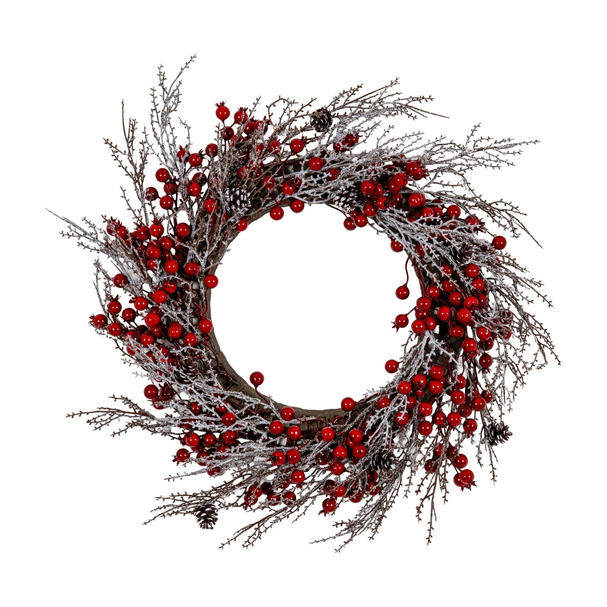 Hill Interiors Winter Wreath with Red Berries featuring frosted twig branches, clusters of red berries and small pinecones on a white background.