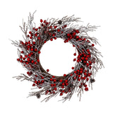 Hill Interiors Winter Wreath with Red Berries featuring frosted twig branches, clusters of red berries and small pinecones on a white background.