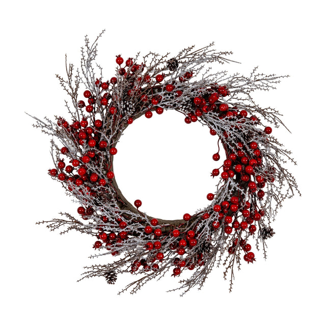 Hill Interiors Winter Wreath with Red Berries featuring frosted twig branches, clusters of red berries and small pinecones on a white background.
