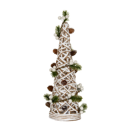 Hill Interiors large LED white rattan cone tree with woven strands, pinecones, winter twigs and frosted berries, 42cm tall, on a plain white background.