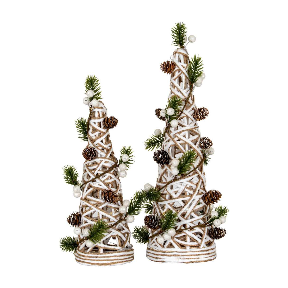 Hill Interiors LED white rattan cone trees in two heights, wrapped with jute, pinecones, pine sprigs and frosted white berries on a plain background.