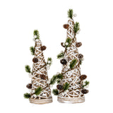 Hill Interiors LED white rattan cone trees in two heights, wrapped with jute, pinecones, pine sprigs and frosted white berries on a plain background.