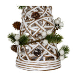 Close-up of the Hill Interiors Large LED White Rattan Cone Tree base, showing woven white and jute strands with pinecones, frosted berries and pine sprigs.