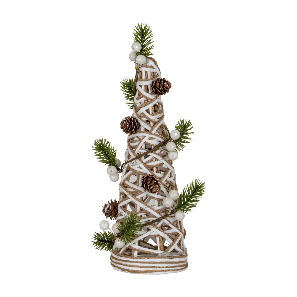 Hill Interiors small LED white rattan cone tree with woven frame, pinecones, faux pine sprigs and frosted berries on a plain white background.