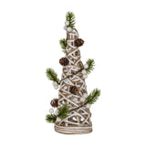 Hill Interiors small LED white rattan cone tree with woven frame, pinecones, faux pine sprigs and frosted berries on a plain white background.