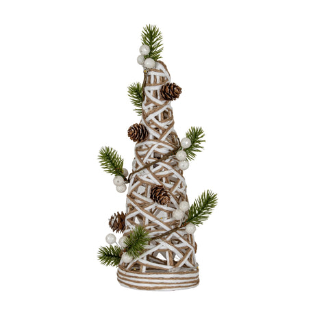 Hill Interiors small LED white rattan cone tree with woven frame, pinecones, faux pine sprigs and frosted berries on a plain white background.