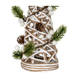 Hill Interiors small LED white rattan cone tree detail showing woven frame with jute trim, pinecones, frosted berries and pine sprigs.