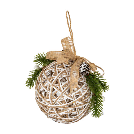 Hill Interiors small LED white rattan-effect bauble with hessian ribbon bow, pine sprigs and a frosted pinecone, shown on a plain white background.