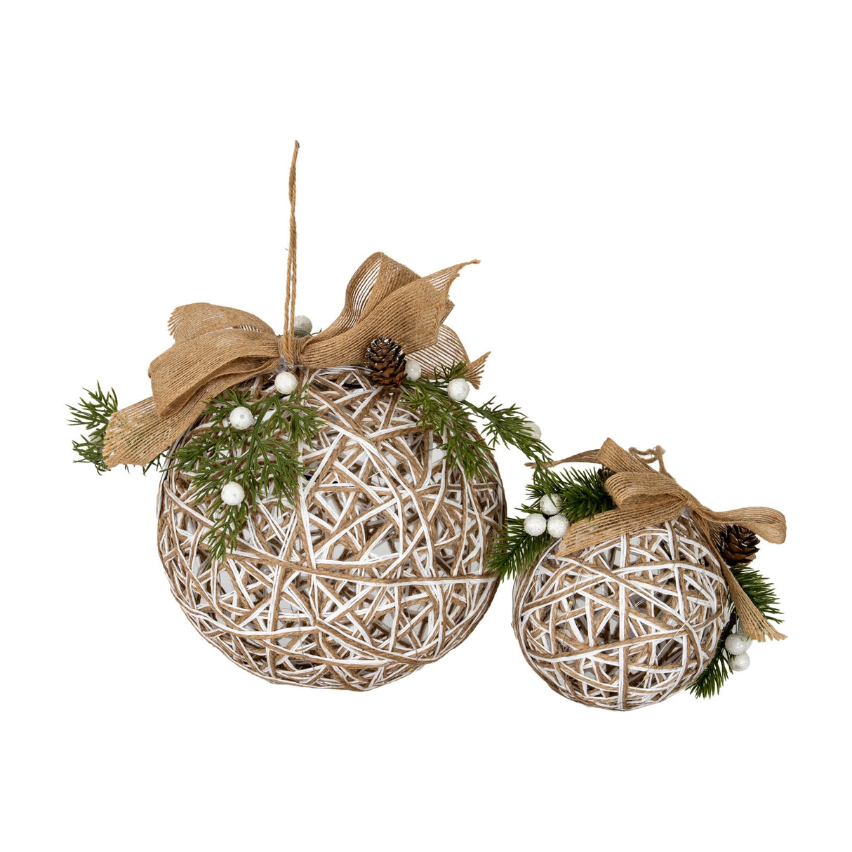 Hill Interiors small LED rattan-effect baubles in white with hessian ribbon bows, pinecones and greenery accents, shown on a plain white background.