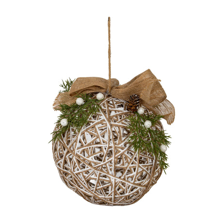 Hill Interiors large LED white rattan-effect bauble with woven texture, jute bow, pinecone, greenery and berries, hung by twine on a white background.