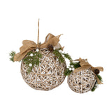 Hill Interiors LED white rattan-effect baubles in two sizes with hessian ribbon bows, pinecones, faux greenery and white berries, on a plain background.