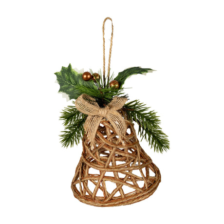 Hill Interiors Natural Rattan Bell Decoration in beige with woven strands, burlap bow, pine sprigs, holly leaves and copper berries, on a white background.
