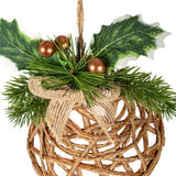 Hill Interiors Natural Rattan Bell Decoration in beige with woven strands, jute ribbon, pine sprigs, holly leaves and copper berries on a hanging cord.