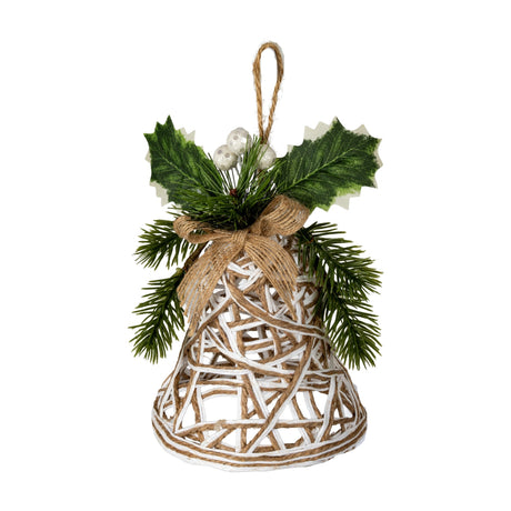 Hill Interiors white rattan-effect bell Christmas decoration with jute bow, holly leaves, pine sprigs, berries and hanging loop on a white background.
