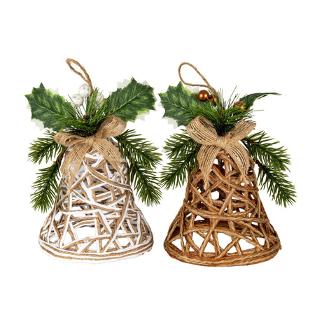 Hill Interiors white and natural rattan-effect plastic bell Christmas decorations with jute bows, holly, pine sprigs and berries, on a white background.