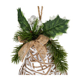 Hill Interiors white rattan-effect plastic bell decoration topped with holly leaves, pine sprigs, white berries and a jute ribbon bow.