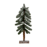 Hill Interiors Medium Snowy Pine Tree with green plastic needles dusted in white snow on a natural wooden stand, shown against a plain white background.