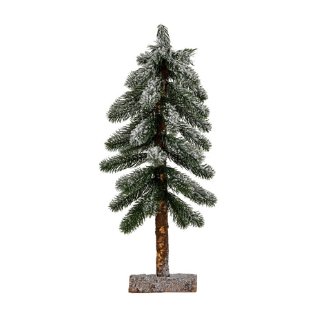 Hill Interiors Medium Snowy Pine Tree with green plastic needles dusted in white snow on a natural wooden stand, shown against a plain white background.