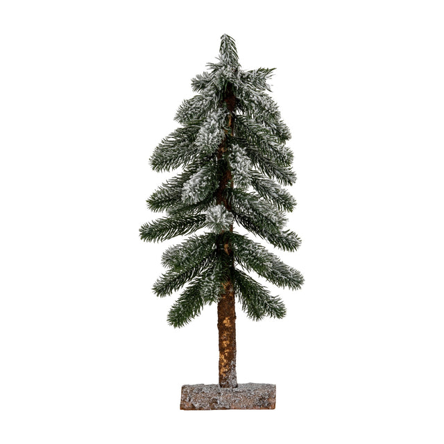 Hill Interiors Medium Snowy Pine Tree with green plastic needles dusted in white snow on a natural wooden stand, shown against a plain white background.